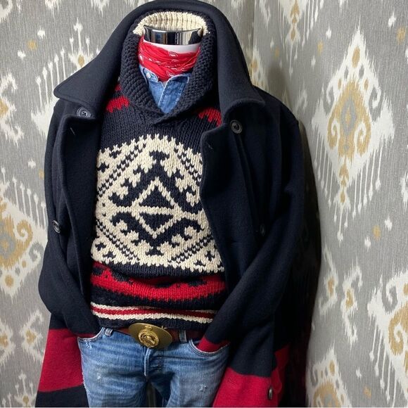 Polo Ralph Lauren Merino Wool Black & Red Double Breasted Top Over Pea Coat - Picture 15 of 16